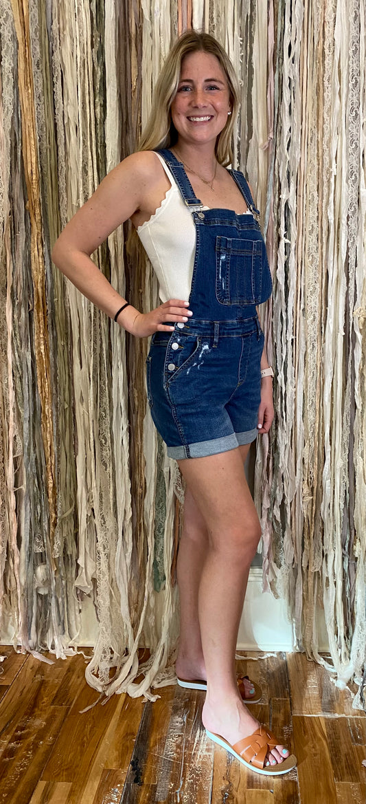 JUDY BLUE® HW DESTROY AND DOUBLE CUFF SHORTS OVERALL