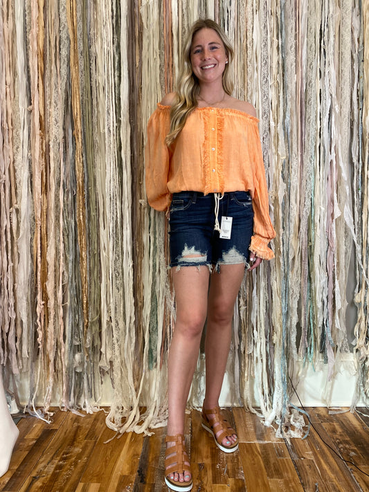 FATE® Wash linen Blend off The Shoulder Top with Fray in Tangerine