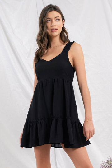 Blu Pepper- Wide Strap Solid Mini Dress in Black