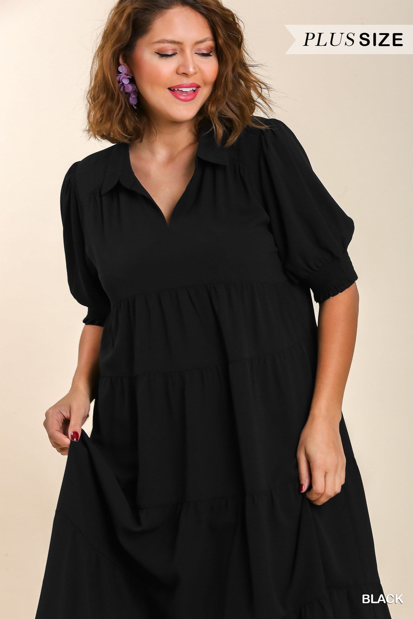 UMGEE® Collared Tiered Maxi Dress with Cuff 3/4 Sleeves- Black