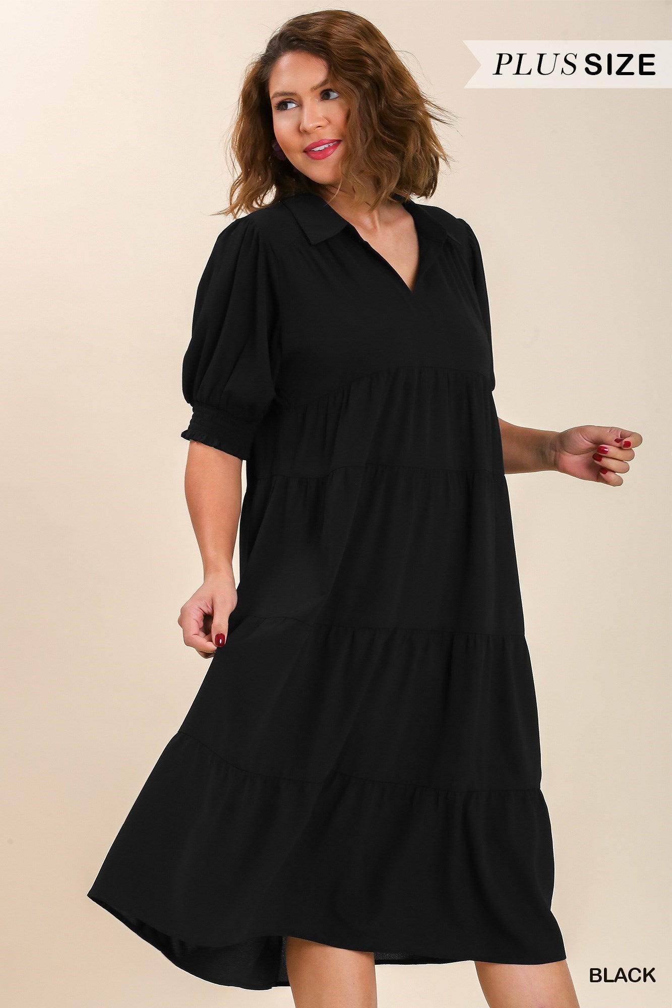 UMGEE® Collared Tiered Maxi Dress with Cuff 3/4 Sleeves- Black