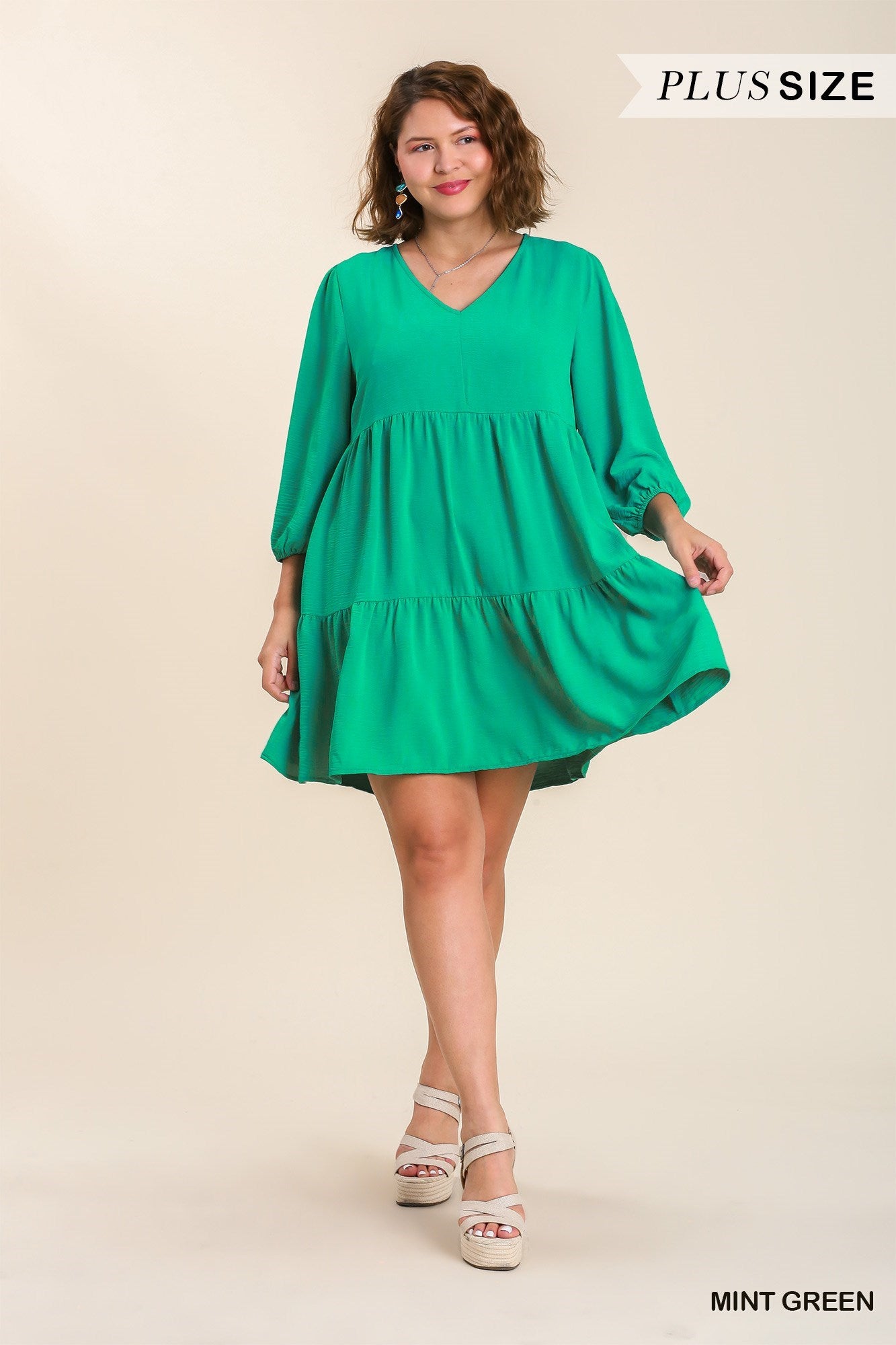Umgee® V-Neck Tiered Dress With 3/4 Sleeve in Mint Green (Plus)