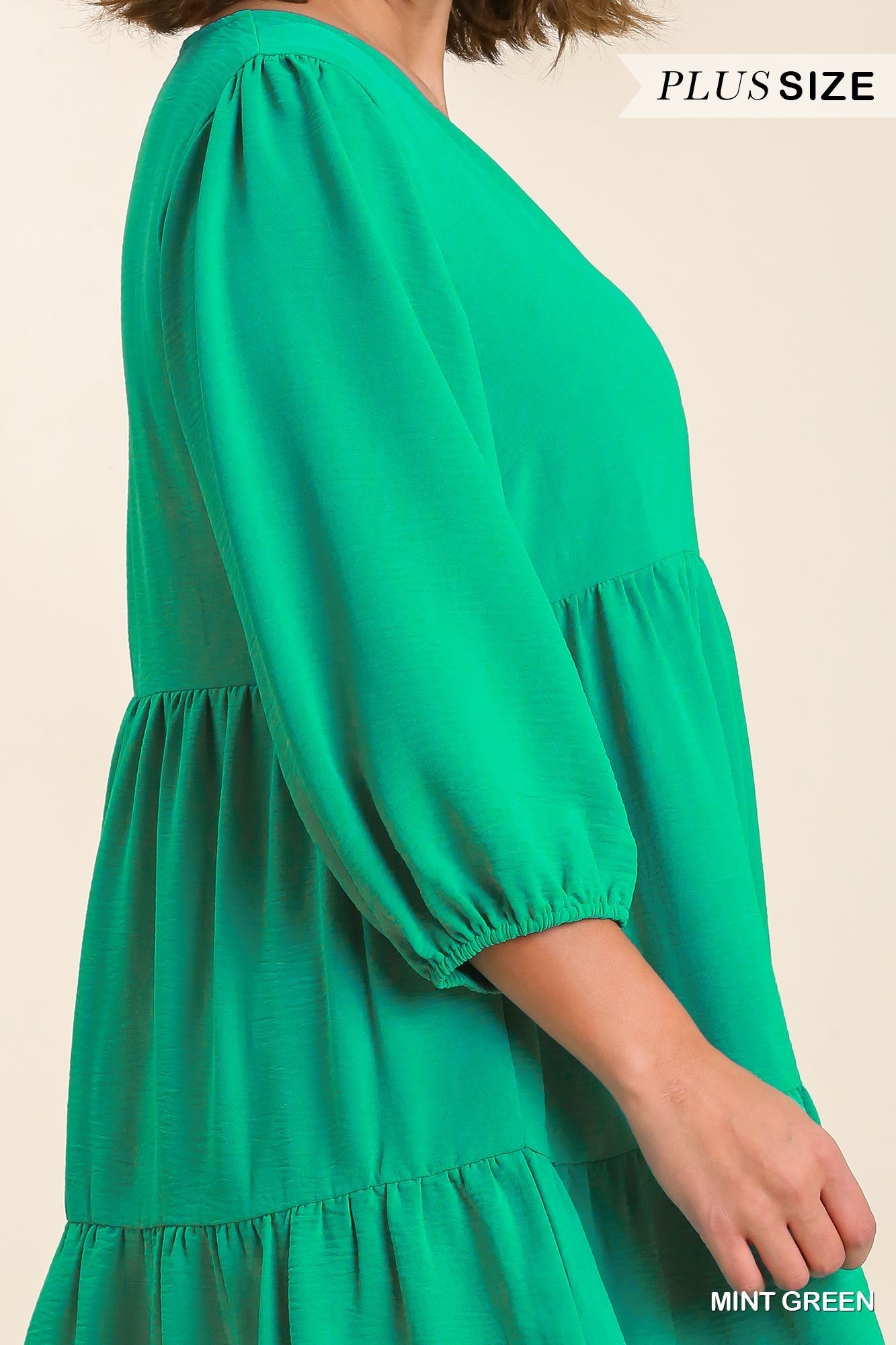 Umgee® V-Neck Tiered Dress With 3/4 Sleeve in Mint Green (Plus)