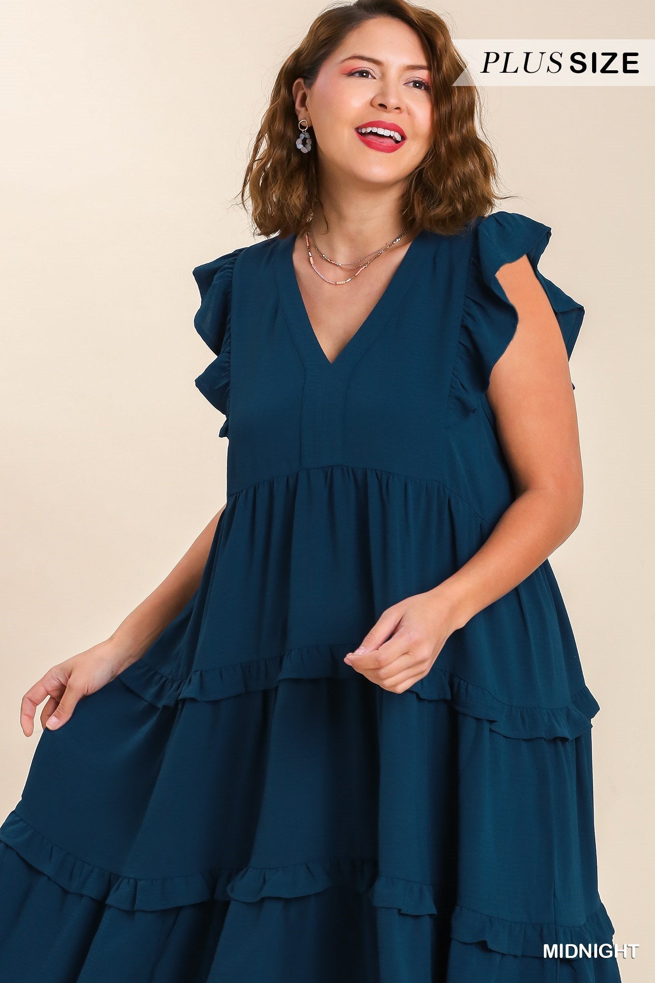 Umgee® Ruffle Tiered Midi Dress with Flutter Sleeves (Plus)