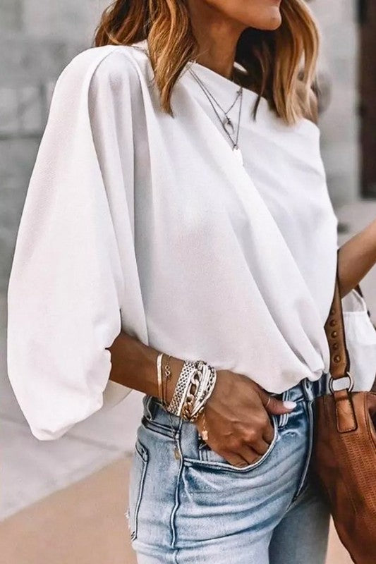 Wide Boat Neck Puff Sleeve Detail Loose Fit Blouse Top- LATTE